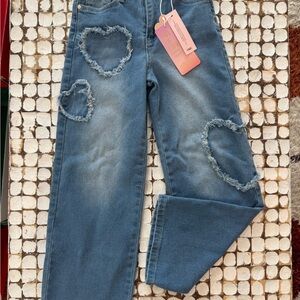 YMI Girls 7 Blue Heart Distressed Wide leg jeans